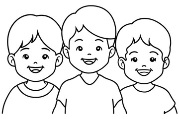 happy children smiling, line art, vector illustration