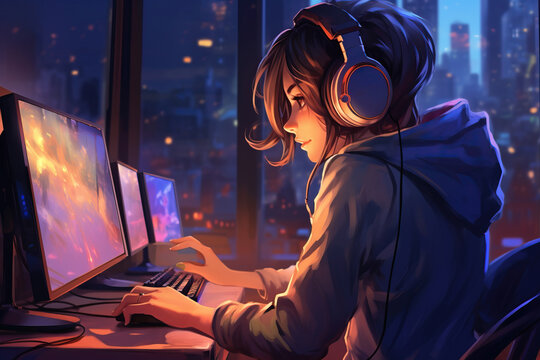 Girl gamer in headphones plays video games on PC, art in anime style