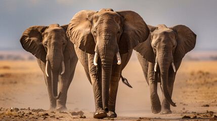 Three african elephants walking in a line towards the