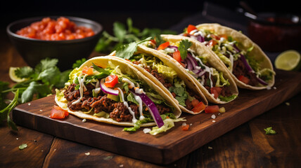 Traditional mexican tacos with beef and vegetables on a wooden board generativa IA