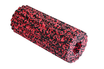 A black red massage foam roller isolated on a white background. Close-up. Foam rolling is a self...