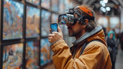An artist experimenting with augmented reality, using a smartphone and AR markers to overlay digital elements onto a traditional painting in a contemporary art gallery