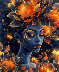 Abstract woman face with blue skin and golden flowers and lights on dark background