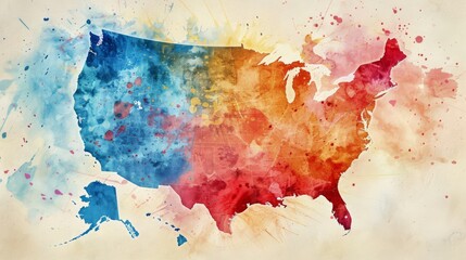 Colorful watercolor splash map of the United States, an artistic representation of the nation..