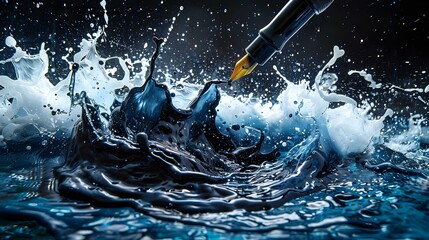 Ink Pen Dances with Ocean Waves in a Symphony of Splashes. Concept Creativity, Art inspiration, Writing, Ocean beauty, Imagination