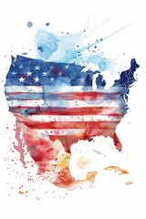 Artistic rendering of the US map adorned with the flag's motif in vivid watercolor splashes..