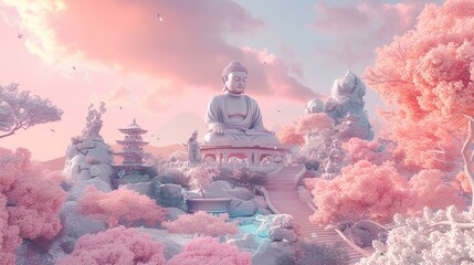 illustration of a Buddhist temple place of worship with soft pastel color - obrazy, fototapety, plakaty