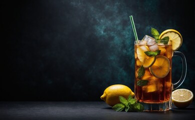 A iced tea with lemon and mint, copy space