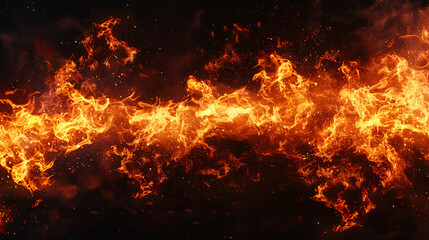 Tongues of fire in a panoramic view over a black background