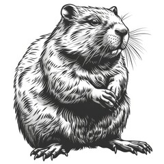 An engraving of a groundhog or woodchuck, looking up from the ground with its paws together.
