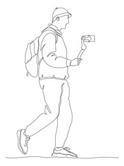 Man with backpack streaming video with mobile phone mounted on stabilizer. Continuous line drawing. Black and white vector illustration in line art style.