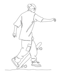 Man stops on skateboard by turning on the tail. Continuous line drawing. Black and white vector illustration in line art style. © Yulia