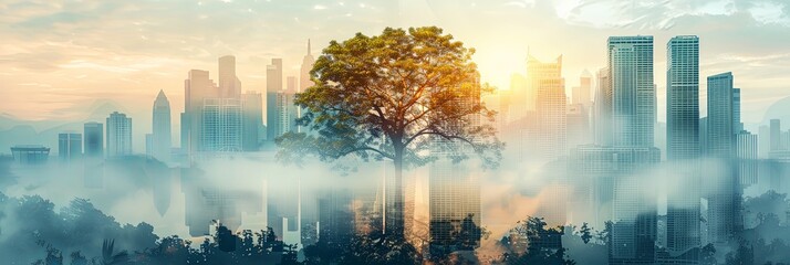 Panoramic double exposure city banner of urban downtown with green forest vegetation