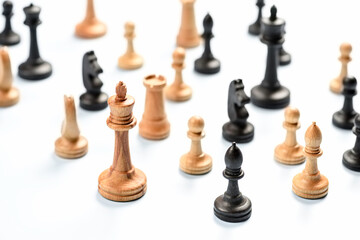 Beautiful chess pieces king surrounded by horses and pawns on white background. Business concept and decision strategies.