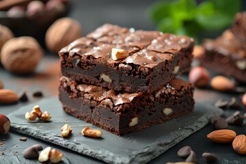 A stack of brownies sitting on top of a slate plate next to nuts and chocolate chips on a table - obrazy, fototapety, plakaty