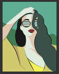 A stylized female figure with sunglasses is depicted raising her hand to her head, partially obscuring her wavy hair. She has prominent red lips and a thoughtful expression, set against a two-tone bac - 785493167
