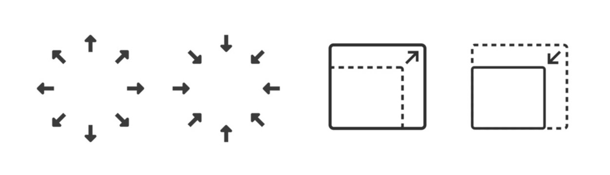 Size scale expand icon or resize maximize minimize window image vector ui interface element graphic set, upscale downscale arrow symbol, smaller bigger square round tool, increase decrease sign