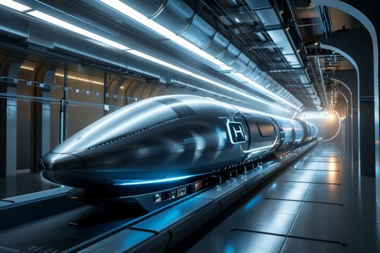 Hyperloop transportation system prototype glimmers under stark futuristic lighting in a technology testing facility exuding an air of innovation