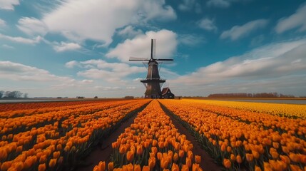 Majestic windmill overlooks the radiant orange and yellow tulip fields in Dutch countryside signaling the bursting spring bloom