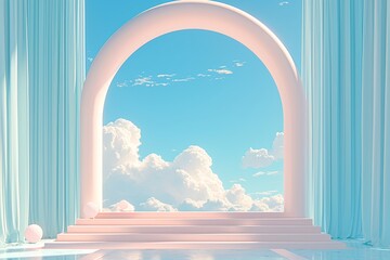 A pastel pink and blue arch-shaped stage with a background of clouds