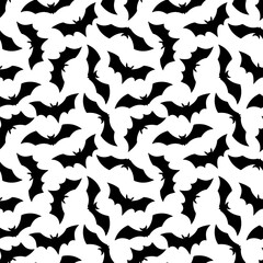 Halloween Bat seamless pattern. Vector Happy Halloween print with flying black bat silhouette on gradient orange background. For wrapping, fabric, holiday decoration, textile, wallpapers. - obrazy, fototapety, plakaty