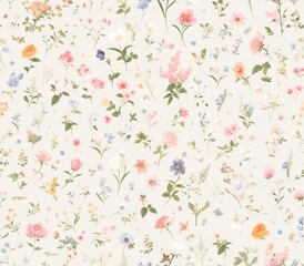 A pattern of small flowers in pink, green and orange on a white background. The design features a variety of tiny blooms with hints of red, peach and yellow 