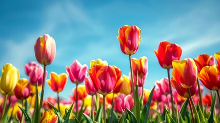 Endless sea of vivid tulips in full bloom teeming with red pink and yellow hues under the crisp blue Netherlands spring sky with a generous space for text