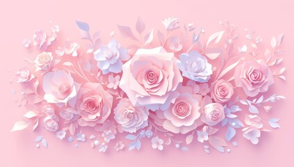 A pink background with delicate paper flowers in various shades of pastel, creating an elegant and romantic atmosphere
