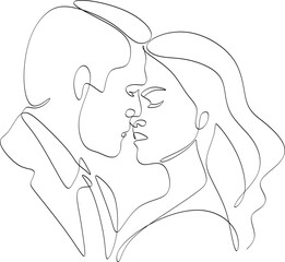 Linear drawing of a couple in love. A man and a woman kiss. Hand drawn vector illustration without artificial intelligence.