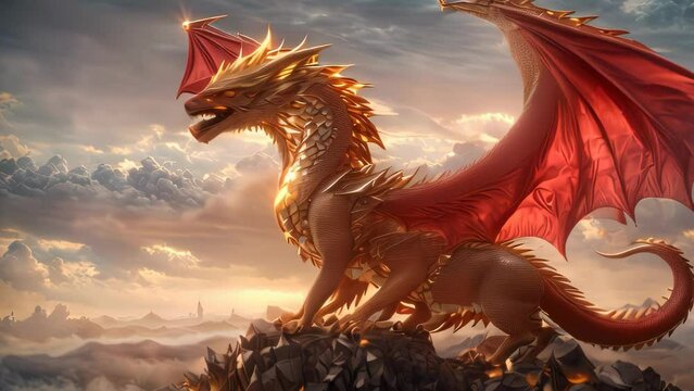Video animation of majestic dragon with golden scales and red wings perched atop a rocky pinnacle. The dragon is set against the backdrop of a serene and cloudy sunset