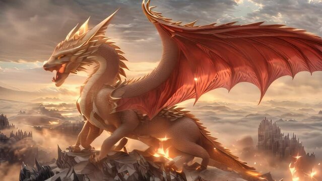Video animation of mesmerizing artwork, a majestic golden dragon with crimson wings soars through a dramatic sunset sky. The rugged mountainous terrain below bears witness to its awe inspiring flight