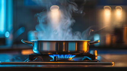 boiling water on a fire, pot, pan, kettle, heat transfer concept, burner picture, simmering and boiling pan on fire, gas stove - obrazy, fototapety, plakaty