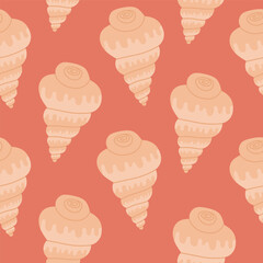 Seamless pattern with hand drawn seashell on red background. Template for print, fabric, greeting card and invitation. 