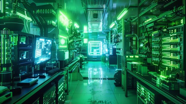 Intricate quantum computer processor in a cutting-edge lab surrounded by scientific equipment bathed in a vibrant neon green light