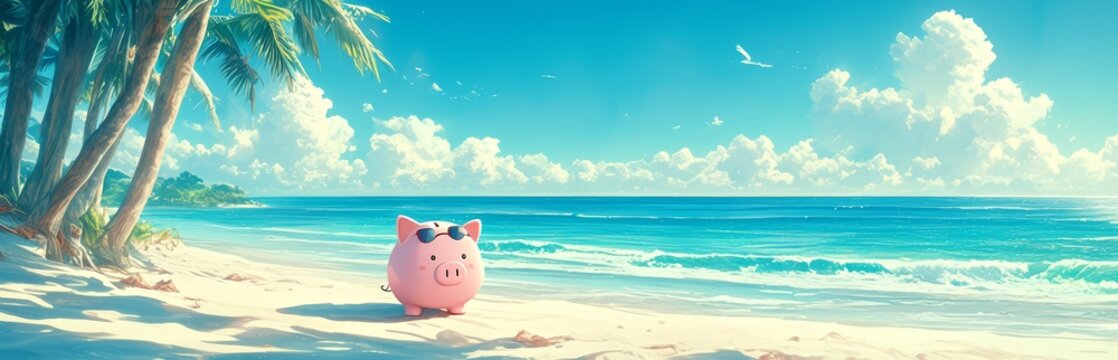 A pink piggy bank wearing sunglasses is sitting on the beach with blue sky and white clouds in background. 