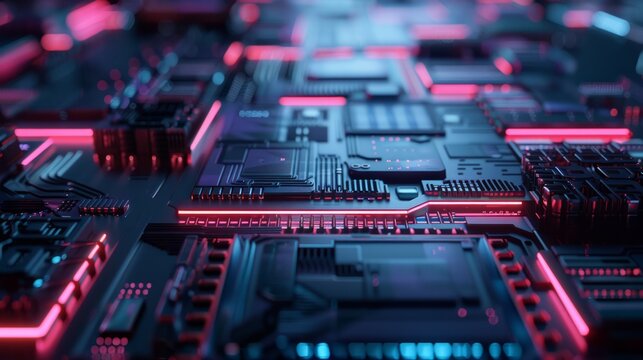 Quantum computer processor sits in a futuristic lab its intricate design illuminated by soft ambient lighting against a high-tech backdrop with empty space for text