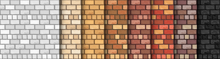 Vector brick wall seamless patterns set. Flat red, orange, yellow, black, white, grey wall texture. Flat grunge textured brick background collection for print, paper, design, decor, photo background.