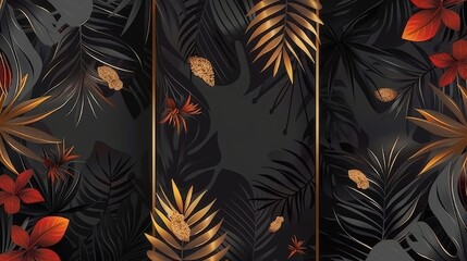 Set of palm leaves with golden tropic jungle leaves and exotic red heliconias on dark background. Illustration for a wedding ceremony invitation card, holiday sale.
