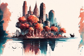 New York City skyline with skyscrapers and trees on watercolor illustration painting background.