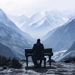 Man sitting on a bench in Himalayas, Nepal. He is looking at the mountains. - obrazy, fototapety, plakaty