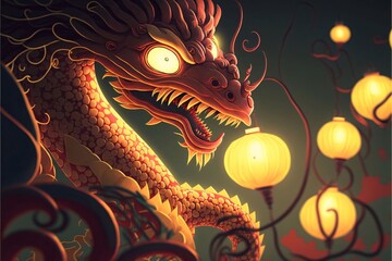 Chinese dragon with Chinese lanterns and lanterns. Vector illustration.