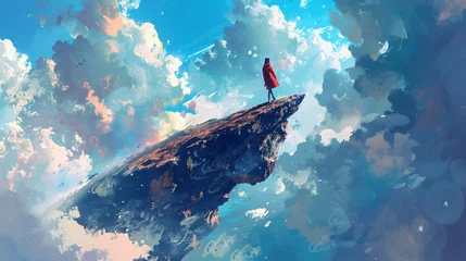 Rolgordijnen Traveler walks on a rock that floats in the sky  © Ashley