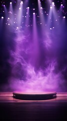 Fototapeta na wymiar Violet stage background, violet spotlight light effects, dark atmosphere, smoke and mist, simple stage background, stage lighting, spotlights, spotlight effect, smoke, mist, dark atmosphere