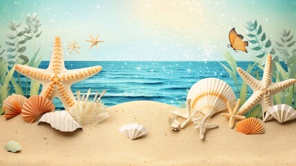 Fototapeta na wymiar Summer background with seashells and starfish on the sandy beach