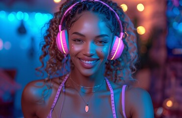 Obraz premium vibrant young woman enjoys music with joy, sporting colorful headphones in lively hues