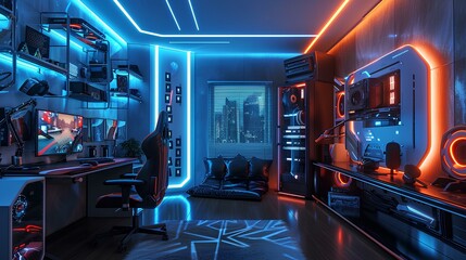 futuristic gaming room with neon lightning interior design