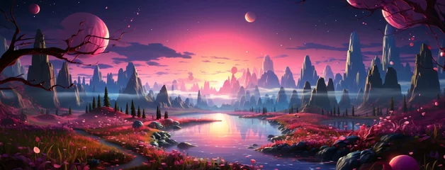 Foto op geborsteld aluminium Aubergine Fantasy landscape with fantasy planet, moon and stars. 3d illustration