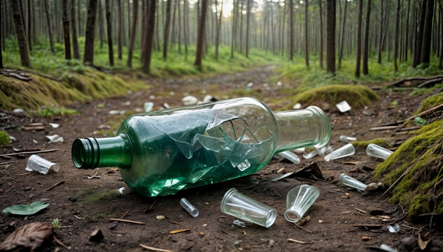 Broken glass bottles, landfill in the forest, nature pollution created with generative ai	
