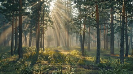 Fototapeta premium A forest with morning sunlight shining through the trees (Ray of Light)