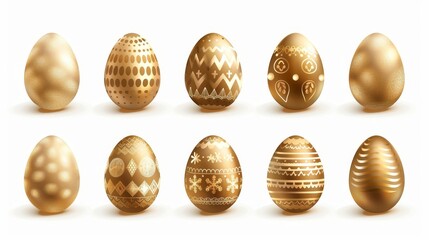The modern set of gold eggs features Easter eggs made from gold metal decorated in an elegant pattern, festive gifts with shadows and reflections isolated on white.